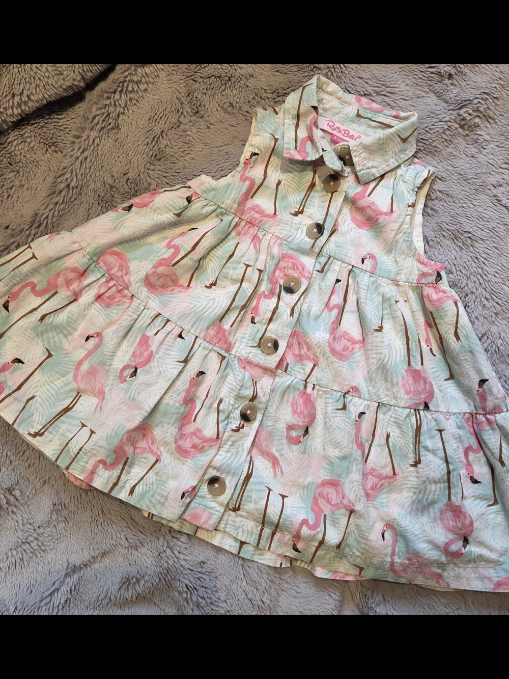 Ruffle Butts Baby Pink and Mint Flamingo Print Shirt Dress 100% Cotton